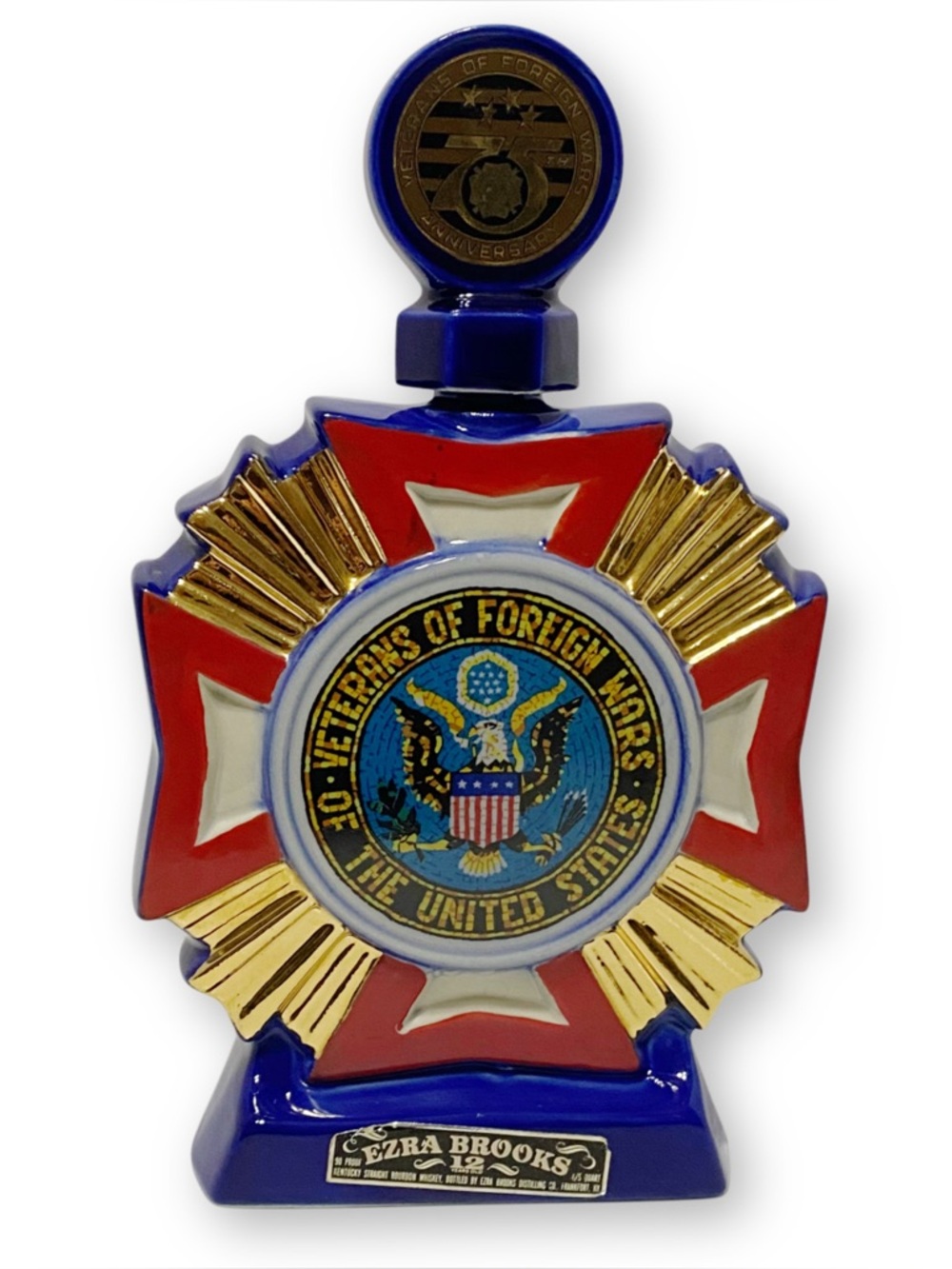 Ezra Brooks Vintage 1973 VFW 75th Anniversary Porcelain Whiskey Decanter Bottle